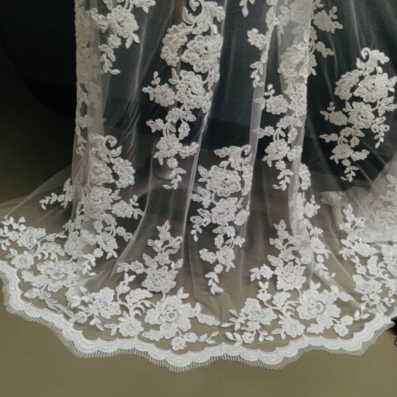 1 Yard Beaded Corded Bridal Lace Fabric Embroidered 100 Percent Polyester Net Mesh 51 inch Width